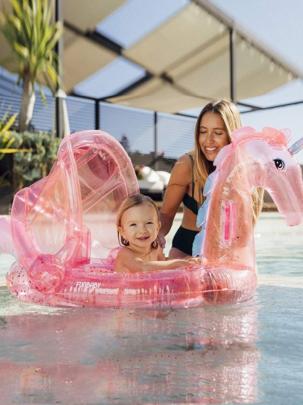 FUNBOY Funbaby Inflatable Pink Glitter Unicorn Pool Float w/ Inflatable Shade